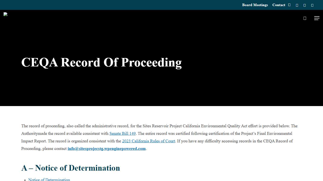 CEQA Record Of Proceeding – Sites Reservoir